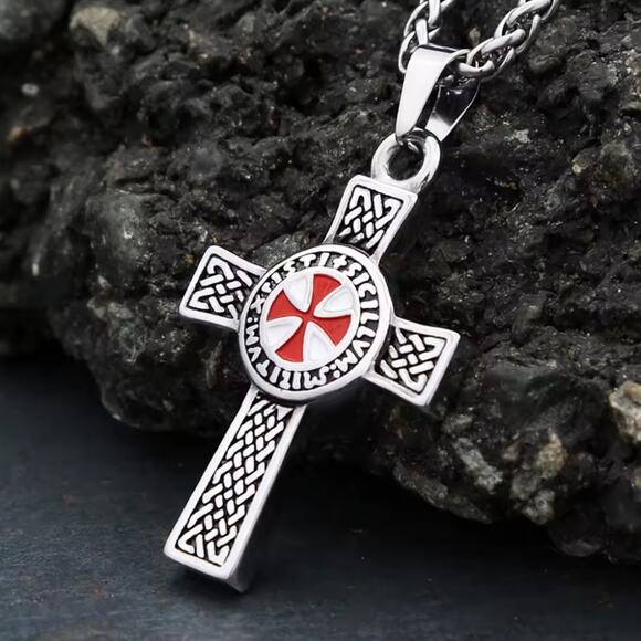 Silver Red Crusader Crusades Cross Necklace Men's Christmas Birthday Vtg Gift - Picture 3 of 6